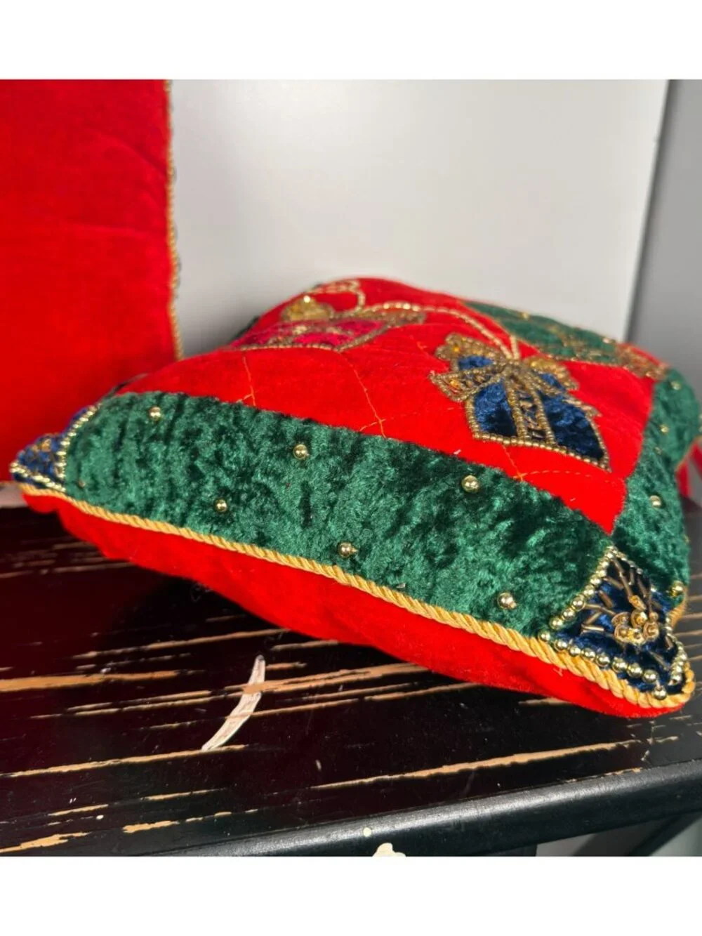 Vintage 3 crush Velvet Sequin Blue Red Green Christmas Tree Presents Pillows